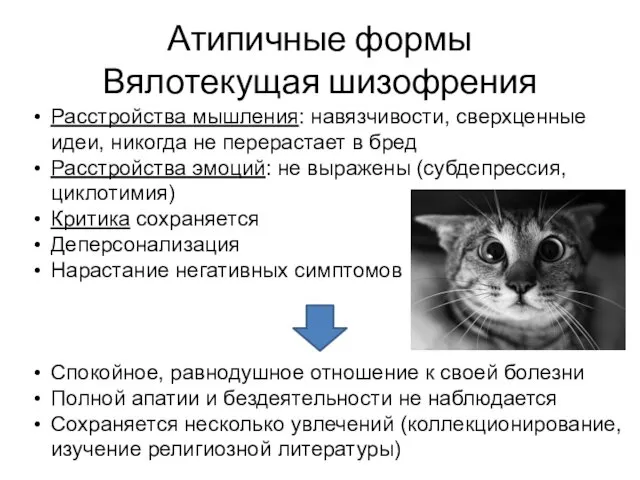 Атипичные формы Вялотекущая шизофрения Расстройства мышления: навязчивости, сверхценные идеи, никогда