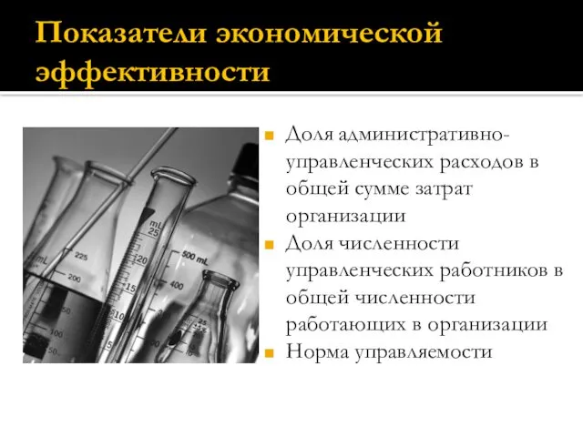 Показатели экономической эффективности Доля административно-управленческих расходов в общей сумме затрат