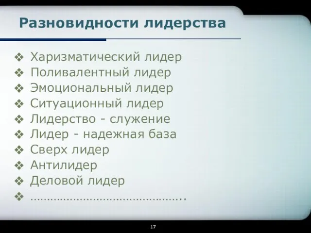 Разновидности лидерства Харизматический лидер Поливалентный лидер Эмоциональный лидер Ситуационный лидер