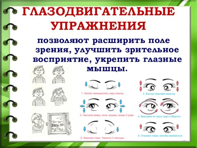 ГЛАЗОДВИГАТЕЛЬНЫЕ УПРАЖНЕНИЯ позволяют расширить поле зрения, улучшить зрительное восприятие, укрепить глазные мышцы.