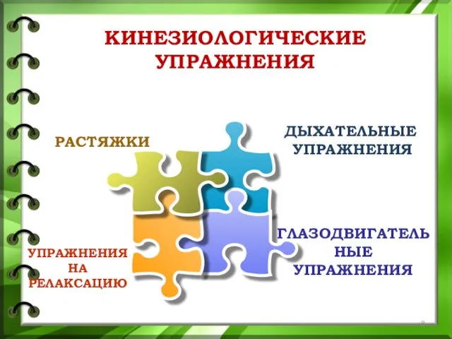 КИНЕЗИОЛОГИЧЕСКИЕ УПРАЖНЕНИЯ ДЫХАТЕЛЬНЫЕ УПРАЖНЕНИЯ УПРАЖНЕНИЯ НА РЕЛАКСАЦИЮ РАСТЯЖКИ ГЛАЗОДВИГАТЕЛЬНЫЕ УПРАЖНЕНИЯ