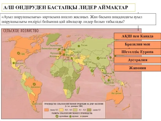 А/Ш ӨНДІРУДЕН БАСТАПҚЫ ЛИДЕР АЙМАҚТАР «Ауыл шаруашылығы» картасына анализ жасаңыз.