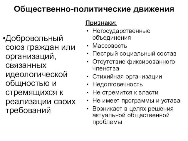 Общественно-политические движения Добровольный союз граждан или организаций, связанных идеологической общностью