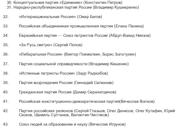 30. Концептуальная партия «Единение» (Константин Петров) 31. Народно-республиканская партия России