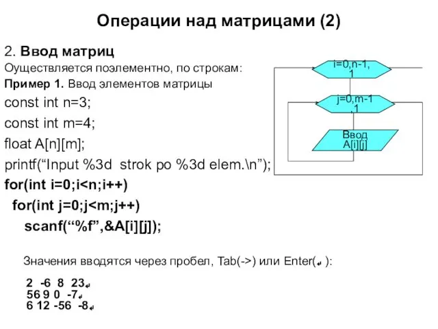 Операции над матрицами (2) 2. Ввод матриц Оуществляется поэлементно, по