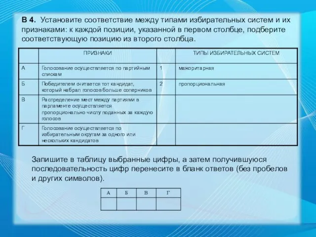 В 4. Установите соответствие между типами избирательных систем и их