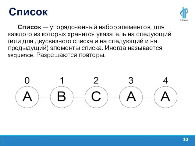 Список Список — упорядоченный набор элементов, для каждого из которых