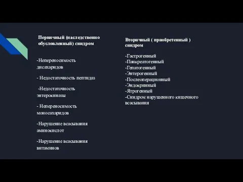 Первичный (наследственно обусловленный) синдром -Непереносимость дисахаридов - Недостаточность пептидаз -Недостаточность