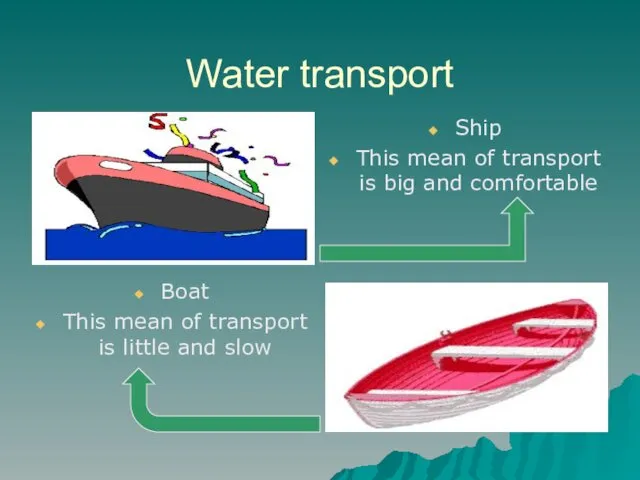 Water transport Ship This mean of transport is big and