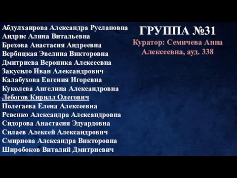 ГРУППА №31 Куратор: Семичева Анна Алексеевна, ауд. 338 Абдулхаирова Александра