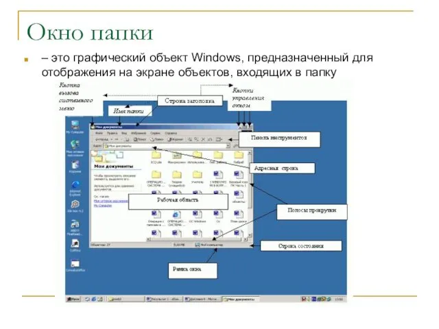 Окно папки – это графический объект Windows, предназначенный для отображения на экране объектов, входящих в папку