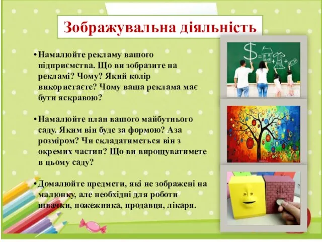 Зображувальна діяльність Намалюйте рекламу вашого підприємства. Що ви зобразите на