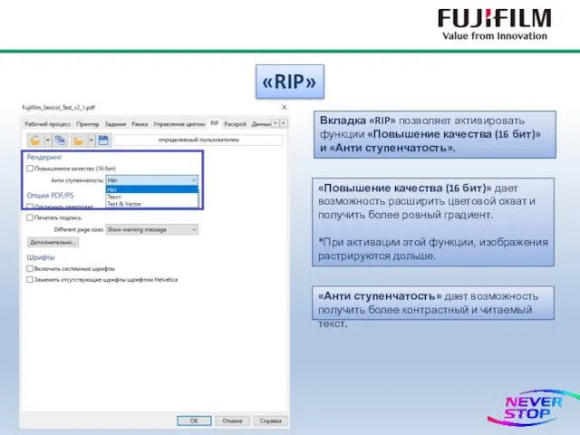 «RIP» Вкладка «RIP» позволяет активировать функции «Повышение качества (16 бит)» и «Анти ступенчатость».