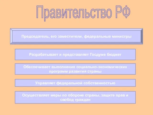 Председатель, его заместители, федеральные министры Разрабатывает и представляет Госдуме бюджет