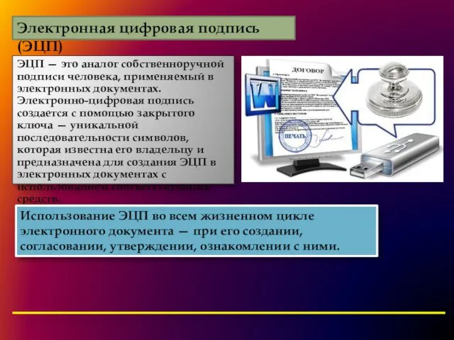 Электронная цифровая подпись (ЭЦП) ЭЦП — это аналог собственноручной подписи