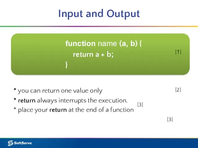 Input and Output function name (a, b) { return a + b; }