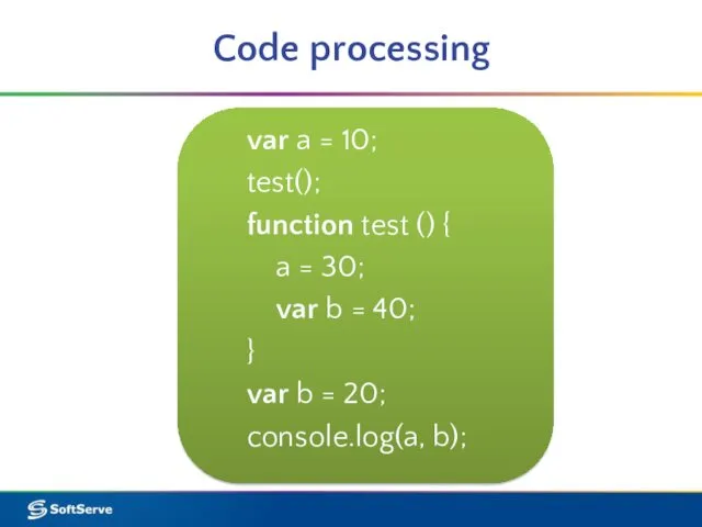 Code processing var a = 10; test(); function test () { a =