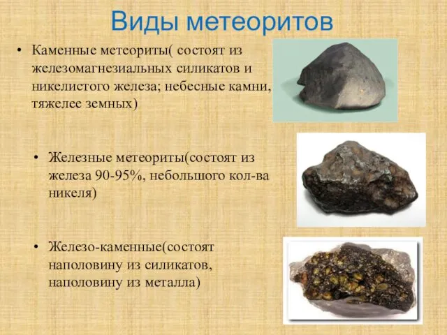 Виды метеоритов Каменные метеориты( состоят из железомагнезиальных силикатов и никелистого