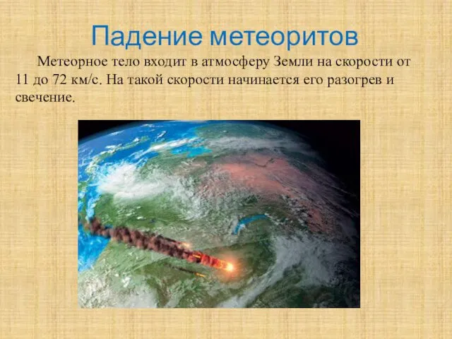 Падение метеоритов Метеорное тело входит в атмосферу Земли на скорости
