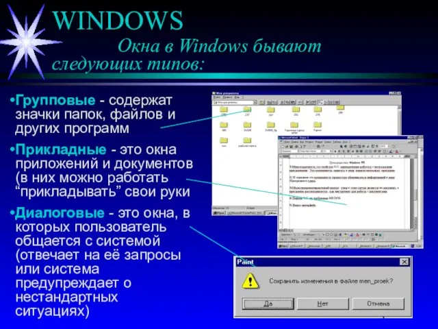 WINDOWS Окна в Windows бывают следующих типов: Групповые - содержат значки папок, файлов