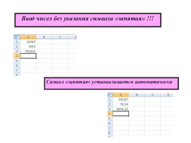 Символ «запятая» устанавливается автоматически Ввод чисел без указания символа «запятая» !!!