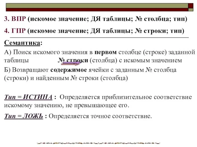 3. ВПР (искомое значение; ДЯ таблицы; № столбца; тип) 4.