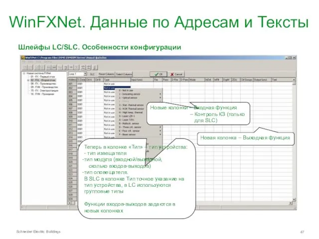 WinFXNet. Данные по Адресам и Тексты Шлейфы LC/SLC. Особенности конфигурации