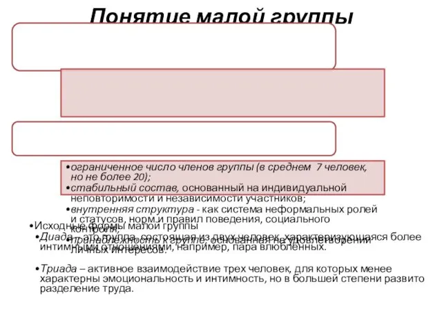 Понятие малой группы Малая группа – это небольшая по численности социальная группа, члены