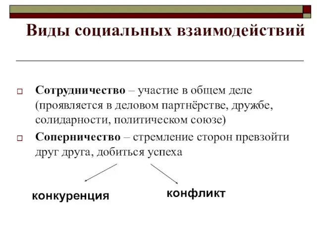 Виды социальных взаимодействий Сотрудничество – участие в общем деле (проявляется