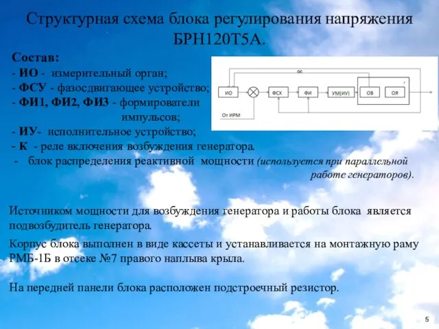 Структурная схема блока регулирования напряжения БРН120Т5А. Состав: - ИО -