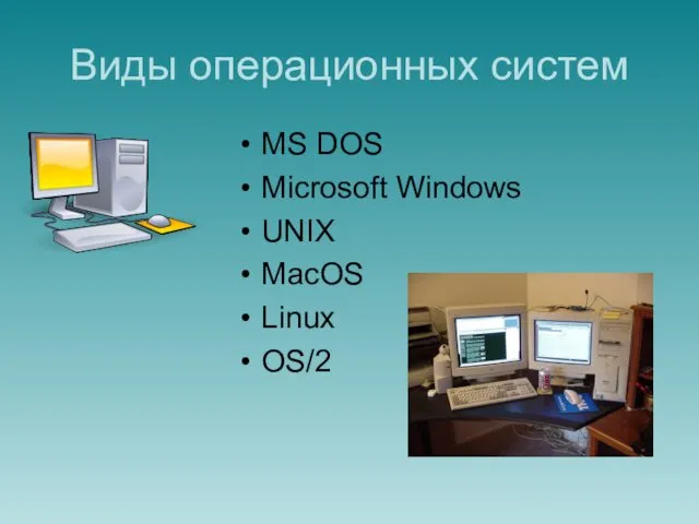 Виды операционных систем MS DOS Microsoft Windows UNIX MacOS Linux OS/2