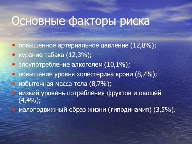 Основные факторы риска повышенное артериальное давление (12,8%); курение табака (12,3%);