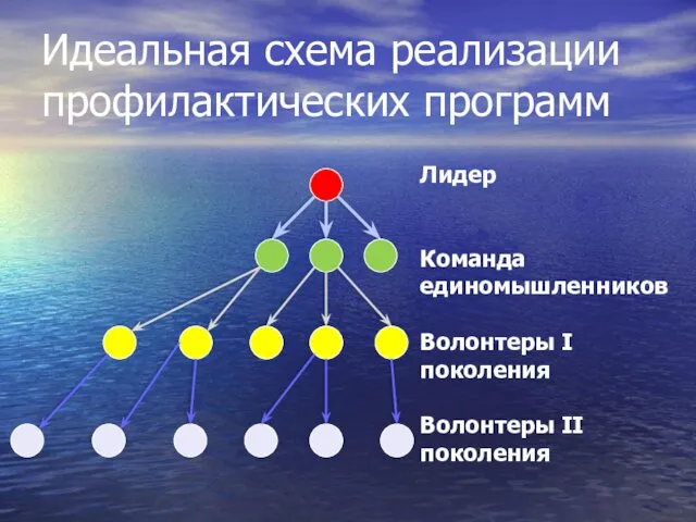 Идеальная схема реализации профилактических программ Лидер Команда единомышленников Волонтеры I поколения Волонтеры II поколения