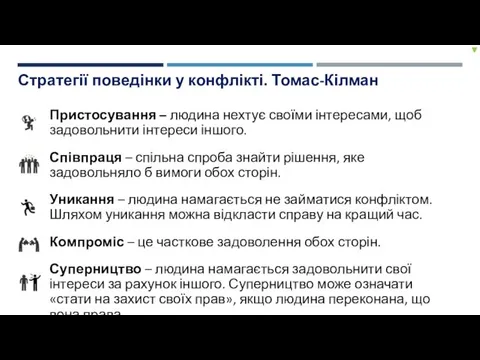 Пристосування – людина нехтує своїми інтересами, щоб задовольнити інтереси іншого.