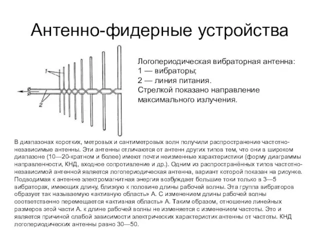 Антенно-фидерные устройства Логопериодическая вибраторная антенна: 1 — вибраторы; 2 —
