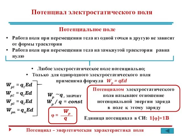 Потенциал электростатического поля Работа поля при перемещении тела из одной точки в другую