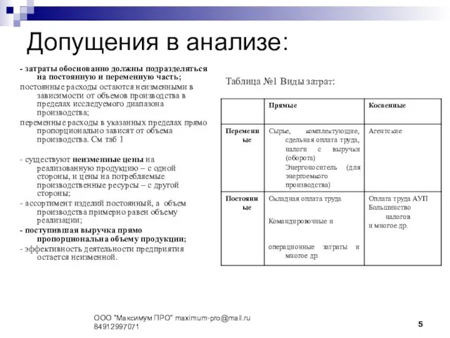 Допущения в анализе: - затраты обоснованно должны подразделяться на постоянную