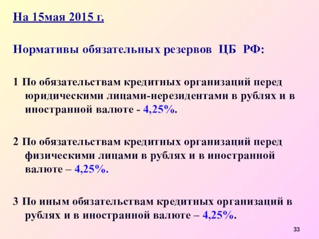 На 15мая 2015 г. Нормативы обязательных резервов ЦБ РФ: 1