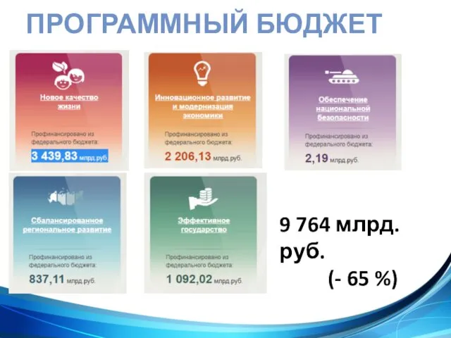 ПРОГРАММНЫЙ БЮДЖЕТ 2008 30 120 9 764 млрд. руб. (- 65 %)