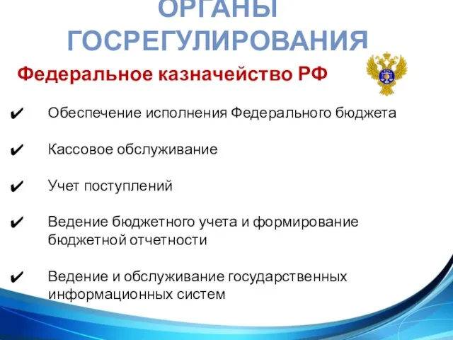 ОРГАНЫ ГОСРЕГУЛИРОВАНИЯ Федеральное казначейство РФ Обеспечение исполнения Федерального бюджета Кассовое