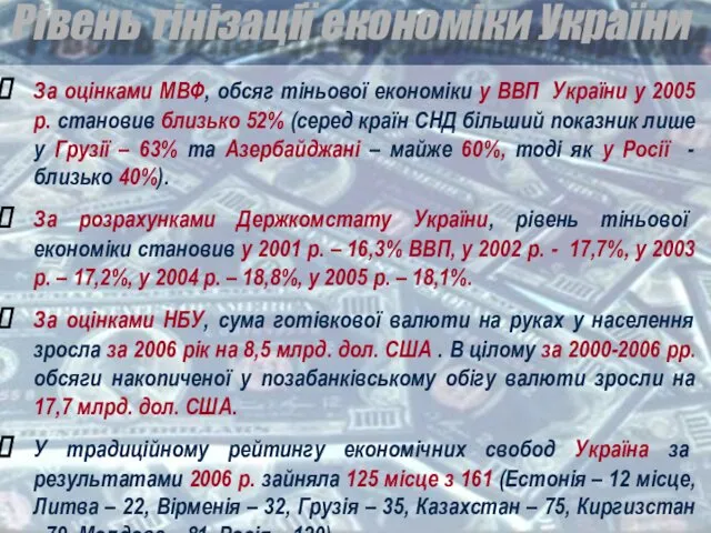 Рівень тінізації економіки України За оцінками МВФ, обсяг тіньової економіки