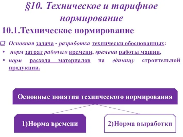 §10. Техническое и тарифное нормирование Основная задача - разработка технически