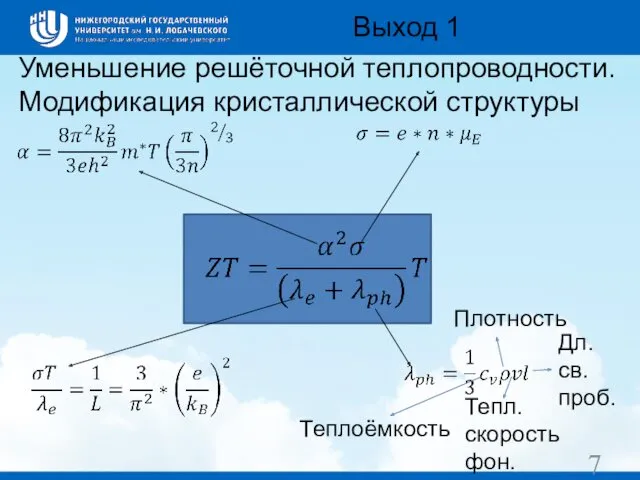 Уменьшение решёточной теплопроводности. Модификация кристаллической структуры 7 Выход 1 Теплоёмкость Плотность Тепл. скорость