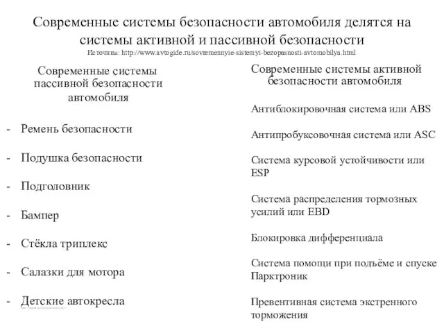 Современные системы безопасности автомобиля делятся на системы активной и пассивной