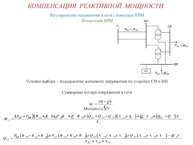 КОМПЕНСАЦИЯ РЕАКТИВНОЙ МОЩНОСТИ Регулирование напряжения в сети с помощью КРМ