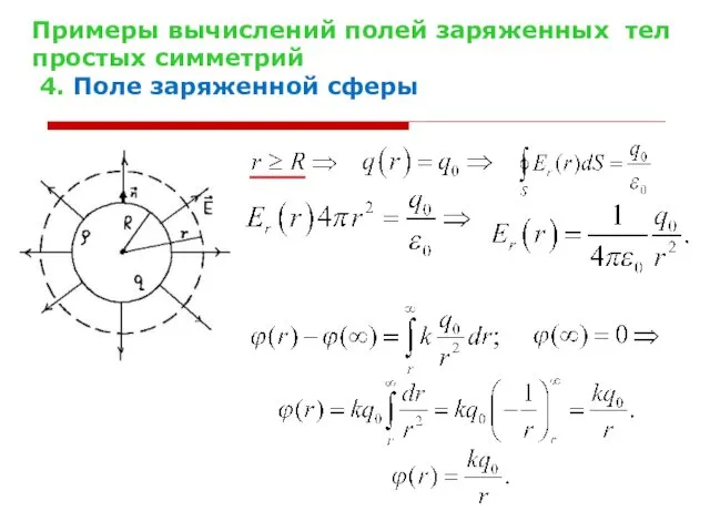 Примеры вычислений полей заряженных тел простых симметрий 4. Поле заряженной сферы