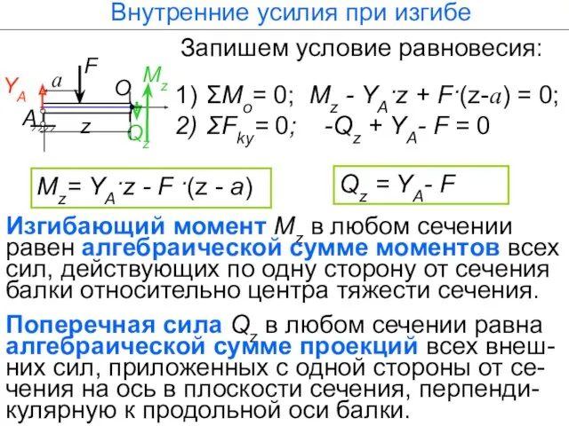 Запишем условие равновесия: ΣМо= 0; Мz - YA·z + F·(z-a)