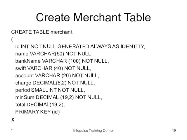 Create Merchant Table CREATE TABLE merchant ( id INT NOT