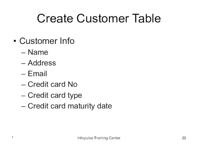 Create Customer Table Customer Info Name Address Email Credit card