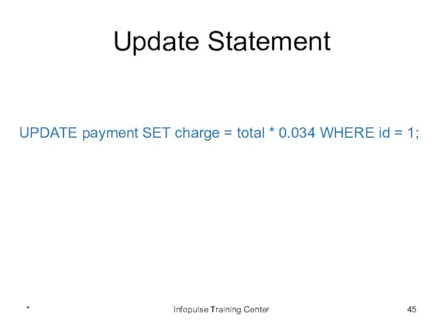 Update Statement UPDATE payment SET charge = total * 0.034